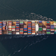 An aerial view of a cargo ship as it sails out into the Bosphorus Strait in Turkey.